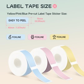 FOXLINE F10 Label Maker Tape, 3 Rolls Thermal Self-Adhesive Label Tape Replacement, 0.59"×1.57"/15×40mm Pre-Cut Sticker Paper for Home, School, Office, Business, 160 Labels/Roll, Yellow/Pink/Blue