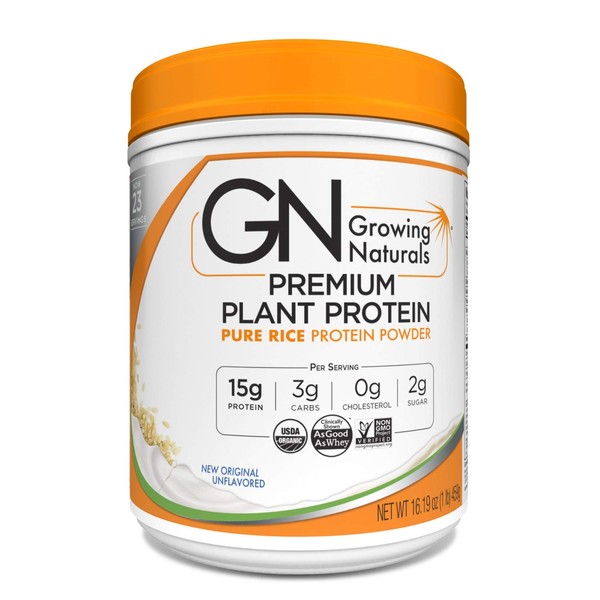 Growing Naturals | Organic Premium Plant Based Protein, Pure Rice Protein Powder | Original | Non-GMO, Vegan, Gluten-Free, Keto Friendly, Shelf-Stable | 1LB