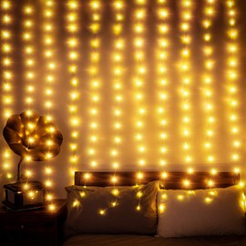 Curtain Window String Lights 6.5 x 5 Feet 195 LED Copper Tapestry Backdrop Twinkle Fairy Lights Battery Operated 8 Modes Firefly Lights Remote Control USB Powered Waterproof Lights for Wedding Party
