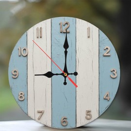 Lancholy Rustic Blue White Striped Wood Wall Clock 10-Inch Wooden Wall Clock, Silent Movement, Battery Operated (AA Batteries Not Included), Artistic Home Decor, Perfect for Home Accents