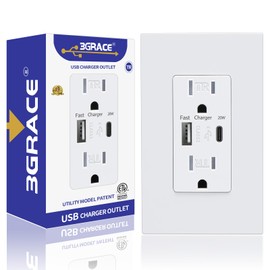 3GRACE USB Wall Outlet, Charger Outlets Receptacles with 4.2A USB C Ports, 15 Amp Duplex Tamper Resistant Receptacle Plug with USB Electrical Outlet, Wall Plate Included, ETL Listed，White, 1 Pack