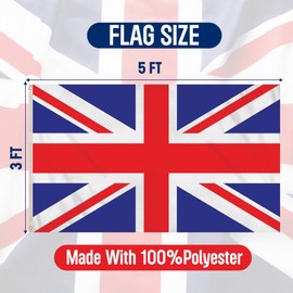 5x3 Foot United Kingdom UK Flag - Union Jack Flag Great Britain National Flag British Flags Polyester with Brass Grommets Indoor/Outdoor Decorations Red/Blue/White 5x3 Ft