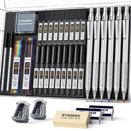 35Pcs Art Mechanical Pencil Set with Case, 0.5 0.7 0.9 2.0 Graphite Metal Drawing Drafting Pencils, Sharpener Erasers 384PCS Lead Refills (6B 4B 2B HB 2H 4H Colors)Pencils for Writing Sketching,Silver