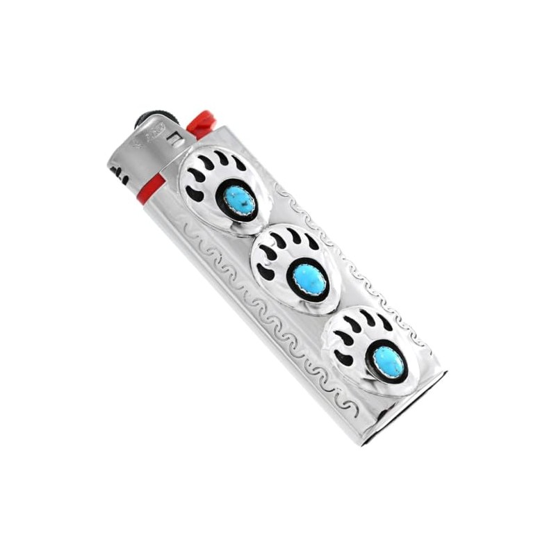 Navajo Turquoise Silver Lighter Case Cover Three Sterling Bear Paws