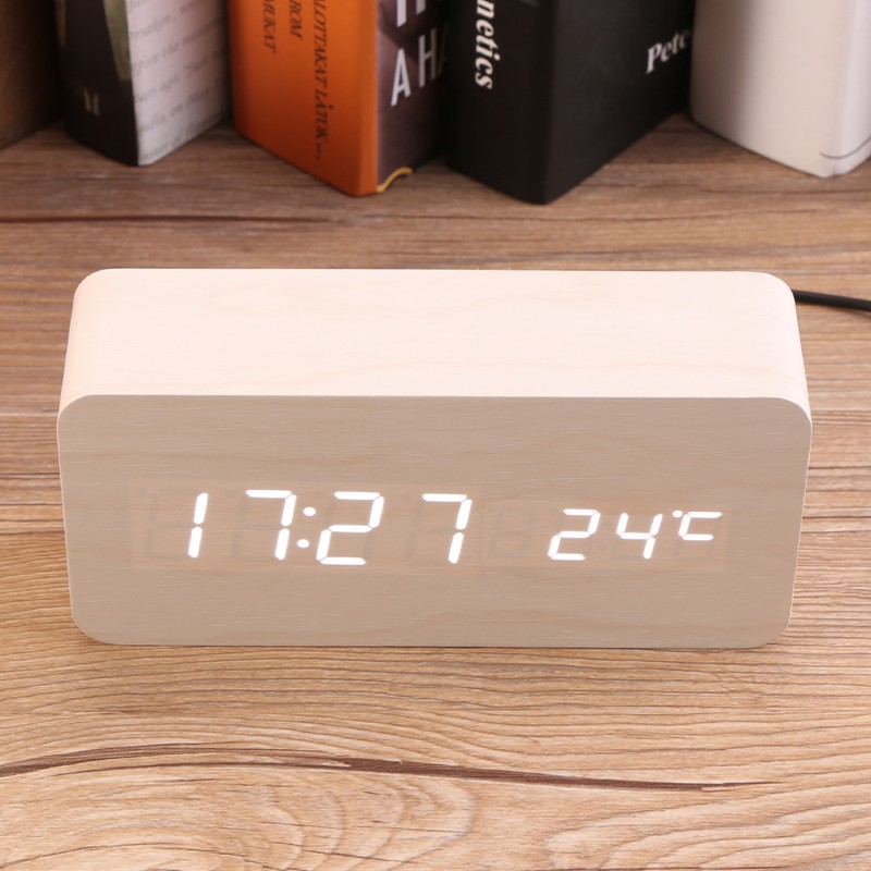 Electronic Digital Wooden LED Alarm Clock Sounds Control Temperature Desktop