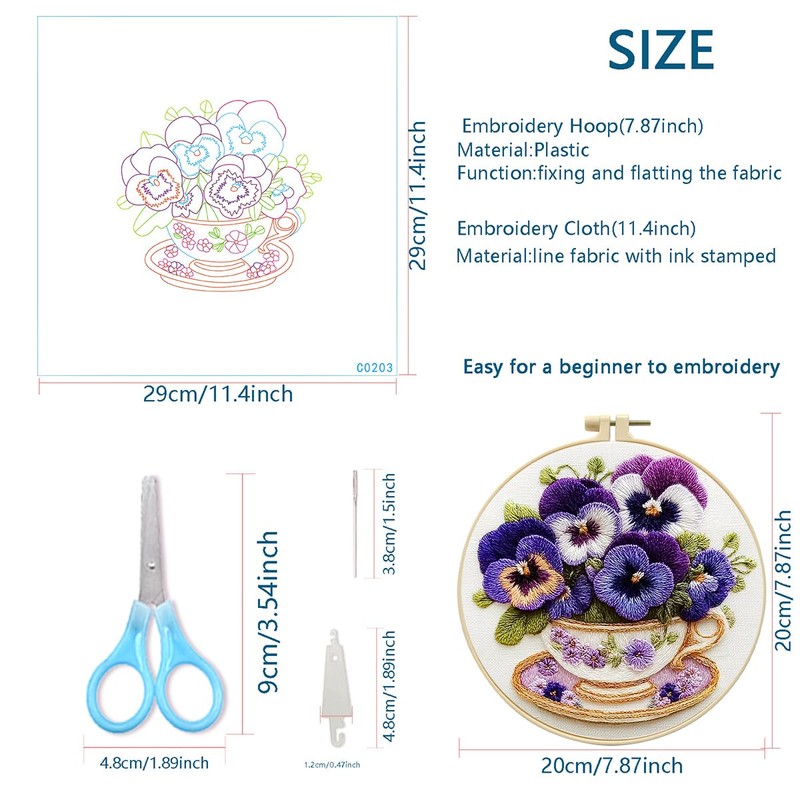 Zhenqing Pansy Embroidery Kit for Beginners, Pre-Printed 29x29cm Cotton Fabric