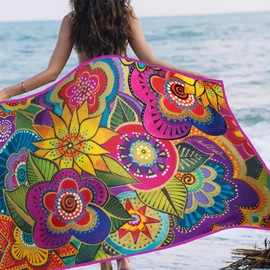 Laurel Burch Carlotta's Garden Large Oversized Microfiber Beach Towel - 40x63 Inches, Sand-Free, Quick-Drying, Ultra-Soft, Ideal for Travel, Pool, and Yoga - Includes Matching Drawstring Travel Pouch