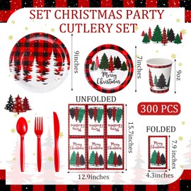 Sinmoe 400 Pcs Christmas Dinnerware Set Disposable Christmas Plates and Napkins Set Serve 50 Winter Xmas Paper Dinner Plates Napkins Cup Christmas Party Supplies for Holiday (Black,red,Tree)