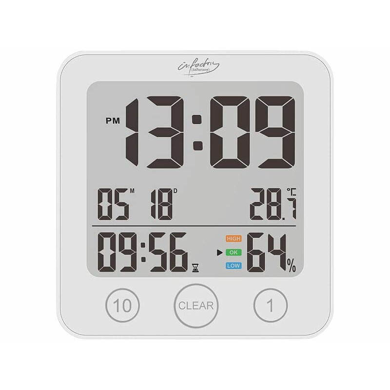 infactory Digital Bathroom Clock: Digital Bathroom Clock, Thermo/Hygrometer, LCD, Suction