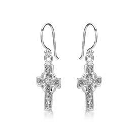 Diamond Treats Hanging Gothic Cross Earrings in 925 Sterling Silver, Intricate Design Sterling Silver Cross Earrings with Fish Hook Clasp, Edgy Drop Earrings for Women and Girls, Sterling Silver, No