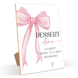 Pink Bow Theme Wooden Wedding Signs, Dessert Bar Sign, Bridal Shower Centerpieces for Tables, Couples Wedding Shower Decorations, Table Decor for Engagement, Proposal and Anniversary Party, 06