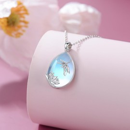 YONFQE Dragonfly Lotus Necklace 925 Sterling Silver Lotus Pendant Moonstone Teardrop Dragonfly Necklaces Jewellery Gifts for Women Mom