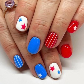 Independence Day Fake Nails Square Press On Nails Short Blue Red 4th Of July False Nails With Star Designs Star Nails Press Ons Full Cover Glue On Nails Reuseable Stick On Nails For Women
