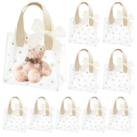 Pack of 10 Small Gift Bags with Ribbon, 18 x 20 x 10 cm, Reusable PVC Transparent Bag, Gift Foil Flower Transparent for Gift Wrapping, Wedding, Birthday, Boutique (White)