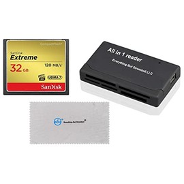 SanDisk Extreme 32GB CompactFlash Memory Card works with Canon EOS 7D Mark II Digital DSLR Camera HD UDMA 7 (SDCFXSB-032G-G46) with Everything But Stromboli Combo Microfiber Cloth and Combo Reader