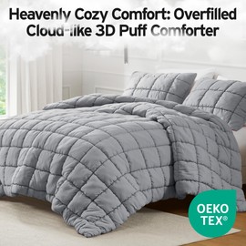 Intelligent Design Queen Comforter Set 3D Puff Overfilled Comforter for Queen Size Bed, All Season & Lofty Crinkled Quilting Queen Microfiber Bedding Set with Sham, Full/Queen, Grey 3 Piece