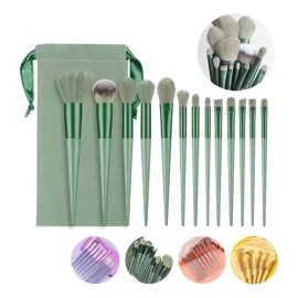 Set Brochas de maquillaje 13 piezas profesional y bolsa verde color MLFUO