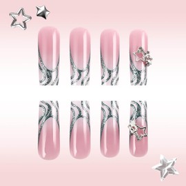 RUOKEXIN Long Press on Nails Square Fake Nails Glitter False Nails with Silver Star Charms Designs French Nail Press ons Pink Glue on Nails Sparkly Artificial Nails Cute Stick on Nails for Women 24Pcs