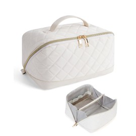 Reise Kosmetiktasche Damen Groß – Tragbare Schminktasche mit Griff & Transparentem Trenner – Wasserabweisender Kulturbeutel aus Gestepptem Stoff für Alltag & Bad, Beige(Patent Angemeldet)