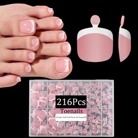 Dsixnails Pink Toe Nail Tips, 216pcs Short Press on Toenails for Women, Soft Toe Nail Press Ons, Square French Tip Toe Press on nails, Soak Off Acrylic Full Cover Fake Toenails Extension in 12Sizes