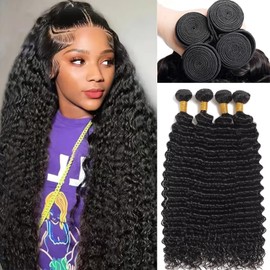 CLOZWIZME CLOZWIZME Deep Wave Bundles Human Hair 20 22 24 26 Inch Human Hair Bundles 100% Unprocessed Raw Deep Culy Bundles Human Hair 12A Quick Weave 4 Bundles Deals Human Hair Extensions Natural Color