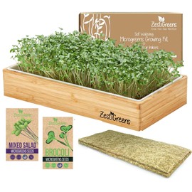Microgreens Growing Kit Self Watering - Healthy Gift with Microgreens Trays, Seeds, Mats, and Bamboo Surround. No Soil Needed. Easy Setup. Sprouting Kit with One-Time Watering. Guaranteed to Grow.