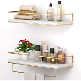 Shario White Floating Shelves - Set of 2, Wall Mounted Hanging Shelves with Golden Towel Rack, Decorative Storage Shelves for Bathroom, Kitchen, Living Room & Bedroom (White Gold, 15.7 Inches)