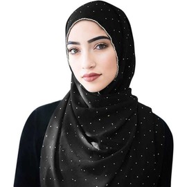 Piewag Hijab Scarf for Women Soft Chiffon Rhinestone Long Scarf Shawl Fashion Muslim Hijab Head Wrap Scarves Black