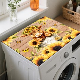 GLOBLELAND Highland Cattle Washer Dryer Dust Cover 23.6×19.7inch Sunflowers Cute Calf Washing Machine Top Protector Pads Non Slip Washing Machine Top Covers for Laundry Room Living Room Desk