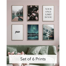 Hambient Poster Set, Living Room Decoration, Bedroom, Room - Wall Decoration, Wall Pictures - 6 Aesthetic Pictures 21 x 30 cm without Picture Frame (Mountains Flowers Phrases)