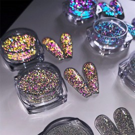 6 Color Nail Art Gliiter Holographic Flakes Nail Diamonds for Nail Art Reflective Glitter Nail Powder for Women and Girls