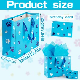 FUNCANDLE 13" Blue Dog Paw Print Gift Bags with Cards Tissue Paper, Blue White Dog Wrapping Paper Dog Themed Party Decoration for Girl Boy Kids Christmas Pet Birthday Gift Party Supplies