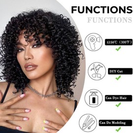 FREESHOW Short Curly Human Hair Wigs Curly Wig With Bangs Human Hair Glueless Curly Bob Wig Human Hair Short Wigs for Black Women 250% Density 10Inch Natural Black