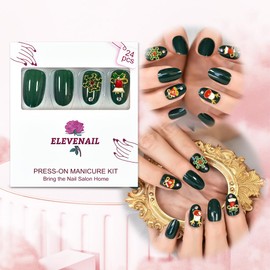 ELEVENAIL Christmas Nails with 3D Rhinestone Cartoon Snowflake Deer Bell Deep Green Press on False Nails Medium Length Oval DIY Manicure Reusable Fake Acrylic Festival Party Nail Art Tips
