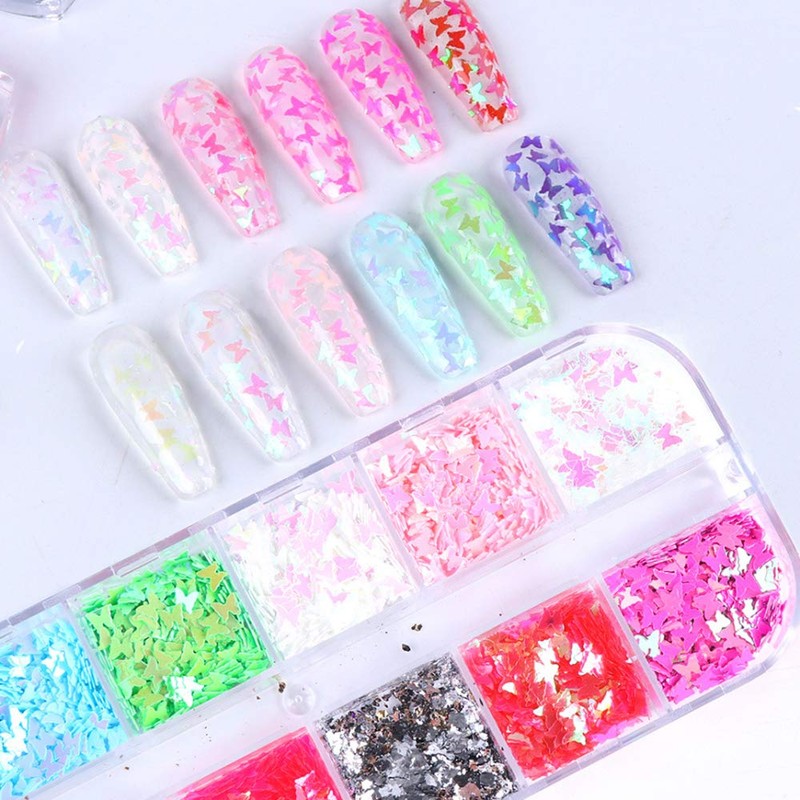 Butterfly nails glitter sequins, 12 colours 3D holographic butterflies for