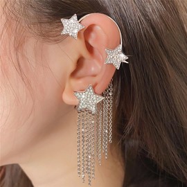ALRNBY Silver Stars Ear Wraps Earrings for Women Men 1 Pair Sparkly Tassel Earrings Drop Dangle Statement