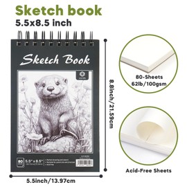CONDA 5.5 x 8.5 Sketchbook Book - Top Spiral Bound Pad, 2 Packs of 100-Sheets (68lb/100gsm) Acid Free Artistic Paper for Drawing, Painting, Writing - Ideal for Beginners Artists