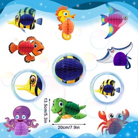 12 Pcs Ocean Themed Party Hanging Tissue Decorations Sea Animal Hanging Tissue Honeycomb Centerpieces Decor Fish Sea Turtle Crab Dolphin Octopus for Ocean Tropical Themed Party Baby Shower Supplies