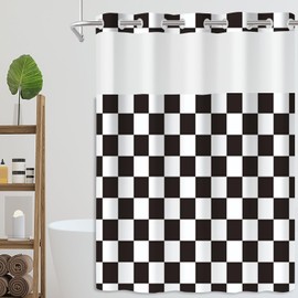Ohocut Checkered No Hook Shower Curtain with Snap in Liner Set, Cute Retro Vintage Aesthetic Checkerboard Shower Curtain, Waterproof Washable Polyester Fabric Bathroom Shower Curtain (Black and White)