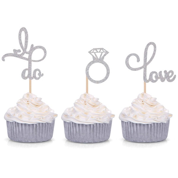 Juego de 24 anillos de plata con purpurina para decoración de cupcakes con texto en inglés «I Do Cupcake»