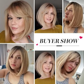 EMMOR Short Blonde Wig for Women, Natural Synthetic Hair Ombre Bob Wigs with Neat Fringe Dark Root for Daily Life/Party/Cosplay (14 Inches, Blonde)