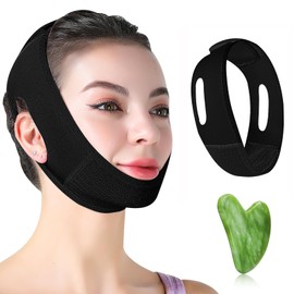 Double Chin Reducer with Gua Sha Facial Tool, Chin Strap with Mouth Tape Functionality, V-Line Lifting Face Lift Slimming Strap, Face Slimmer Shaper for Women (Black)