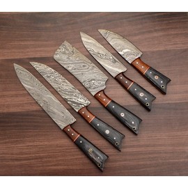 Wilson Roy Professional Kitchen Knives Custom Made Damascus Steel 5 pcs of Professional Utility Chef Kitchen Knife Set with Chopper/Cleaver with Pocket Case Chef Knife Roll Bag