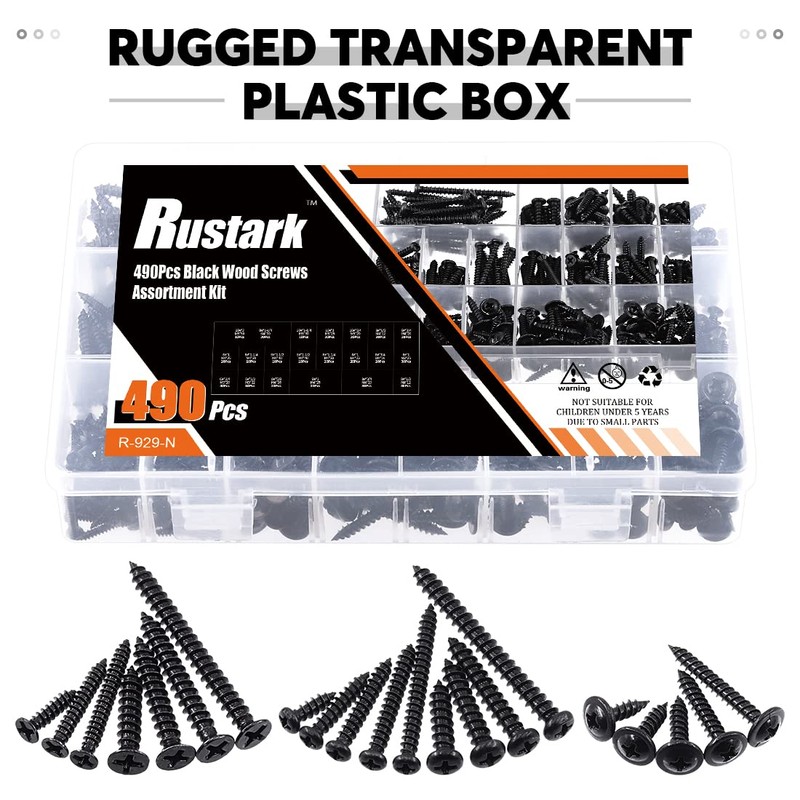 Rustark 490Pcs #6#8#10 Black Wood Screws Assortment Kit, Pan Head&Flat