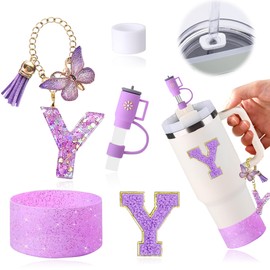 AiScrofa 6PCS Cup Accessories Set for 30&40oz 1.0/2.0Tumbler with Handle, Reusable Silicone Dustproof Alphabet Straw cover Cap and Boot, Spill Proof Stopper, Handle Charm, Initials Sticker