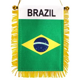 Anley 4 X 6 Inch Brazil Fringy Window Hanging Flag - Mini Flag Banner & Car Rearview Mirror Décor - Fringed & Double Sided - Brazilian Hanging Flag with Suction Cup