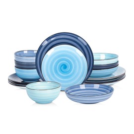 Selamica Ceramic 16-Pieces Dinnerware Set, Ceramic Dishes Set for 4, Kitchen Plates and Bowls Sets, Dinner Plates Set, Spray Black Dots, Gradient Blue