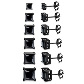 ORAZIO Black Square CZ Stud Earrings for Men Women Stainless Steel Princess Cut Cubic Zirconia Earring Studs 3MM-8MM