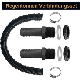 Water Butt Connection Set Including 2 Water Butt Pipes 1 Inch with Hose Nozzle, 50 cm Connection Hose 25 mm (1 inch), 2 Hose Clamps, Rain Butt Connector Set for Rainwater Bins