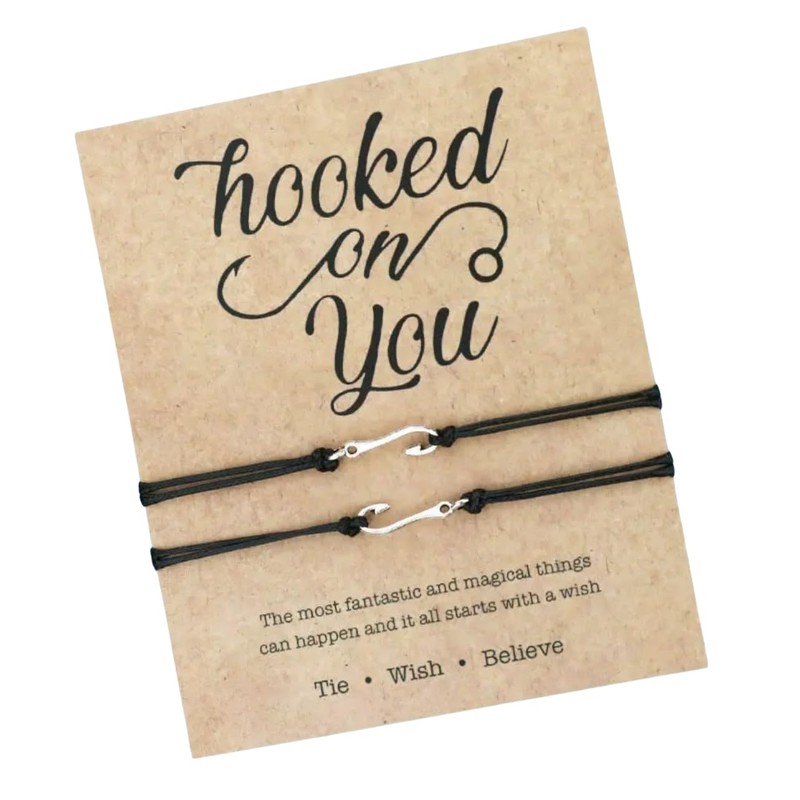 Hooked On You Card, Matching Fish Hook Wish Bracelets (Black)